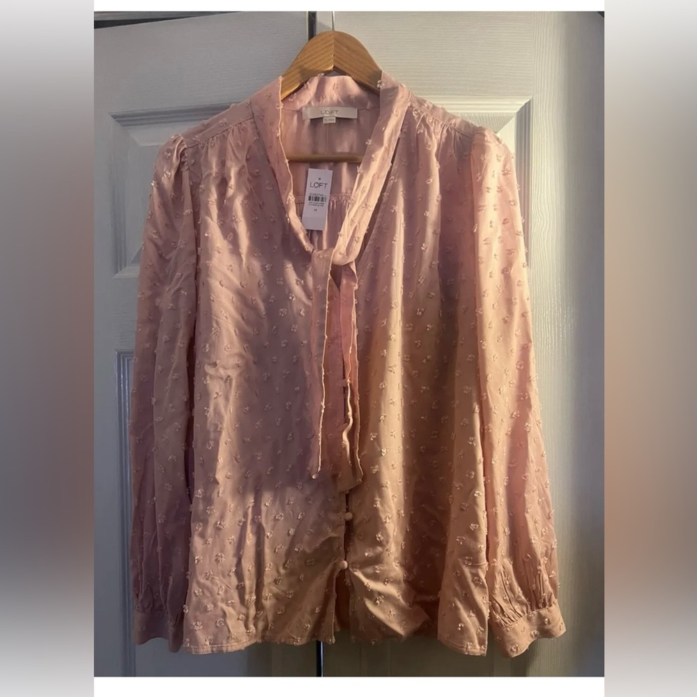 Ann Taylor Blush Pink Swiss Dot Tie Neck Blouse NWT Medium